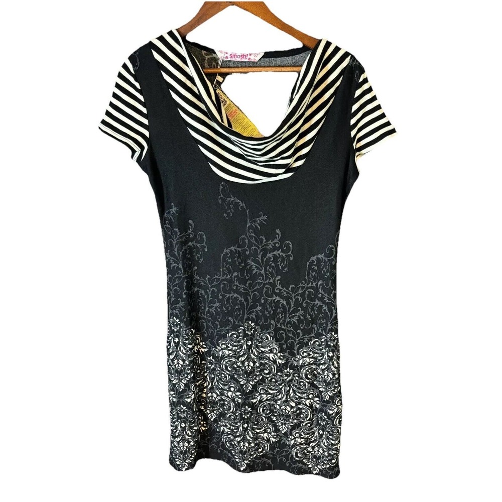 Smash Sheath Dress Women's Large Black Floral Cowl Neck Cap Sleeve Pullover